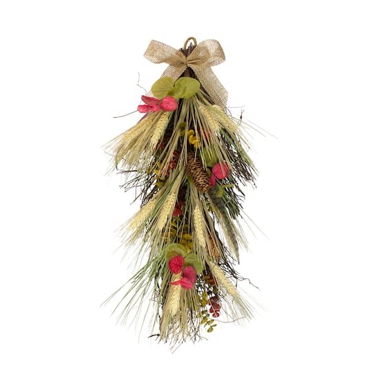2ft. Autumn Harvest Wheat & Eucalyptus with Feathers Teardrop Swag